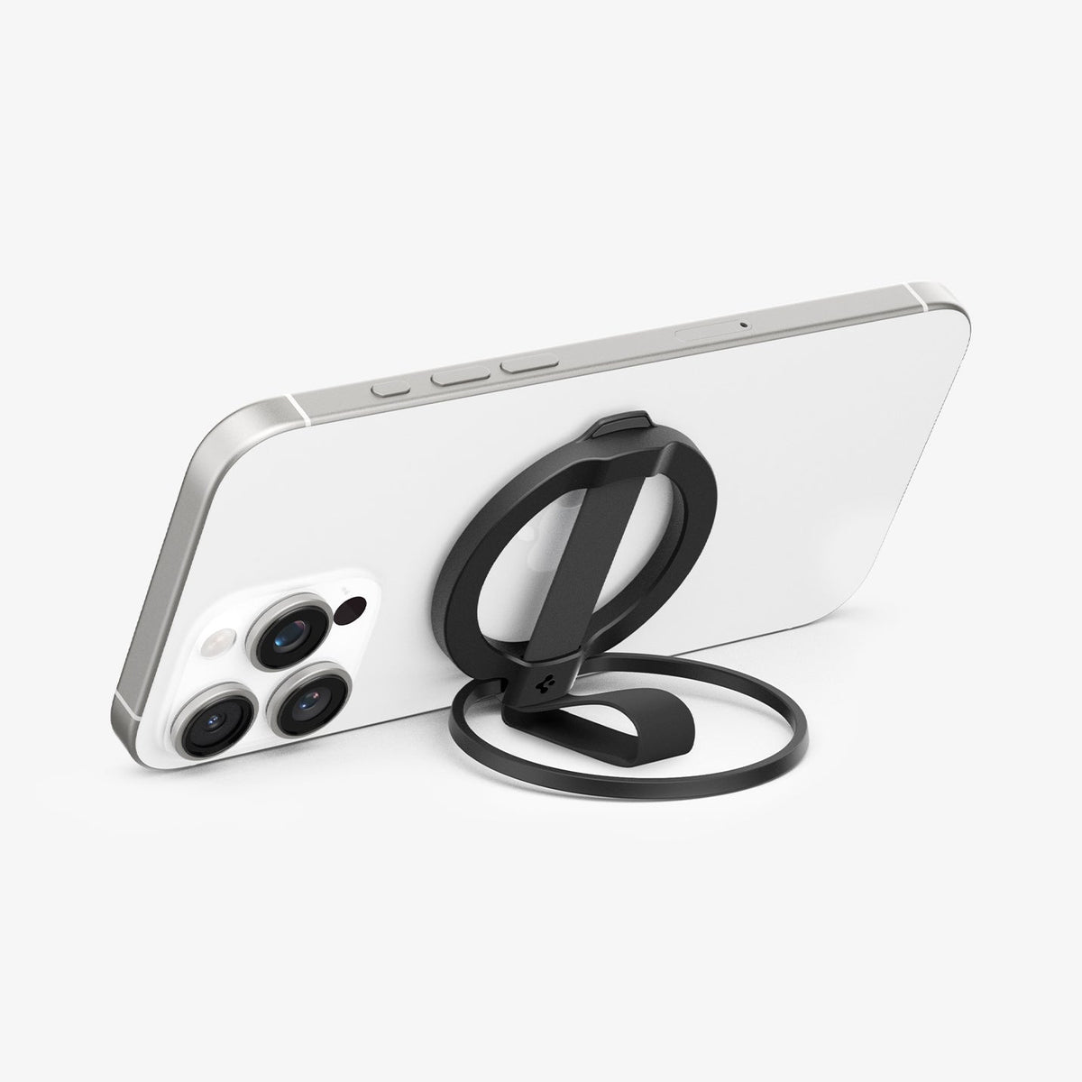AMP08551 - O-Mag Magnetic Phone Holder (MagFit) | OM103 in Black showing the front, attached to the device propped up as a kickstand in landscape position