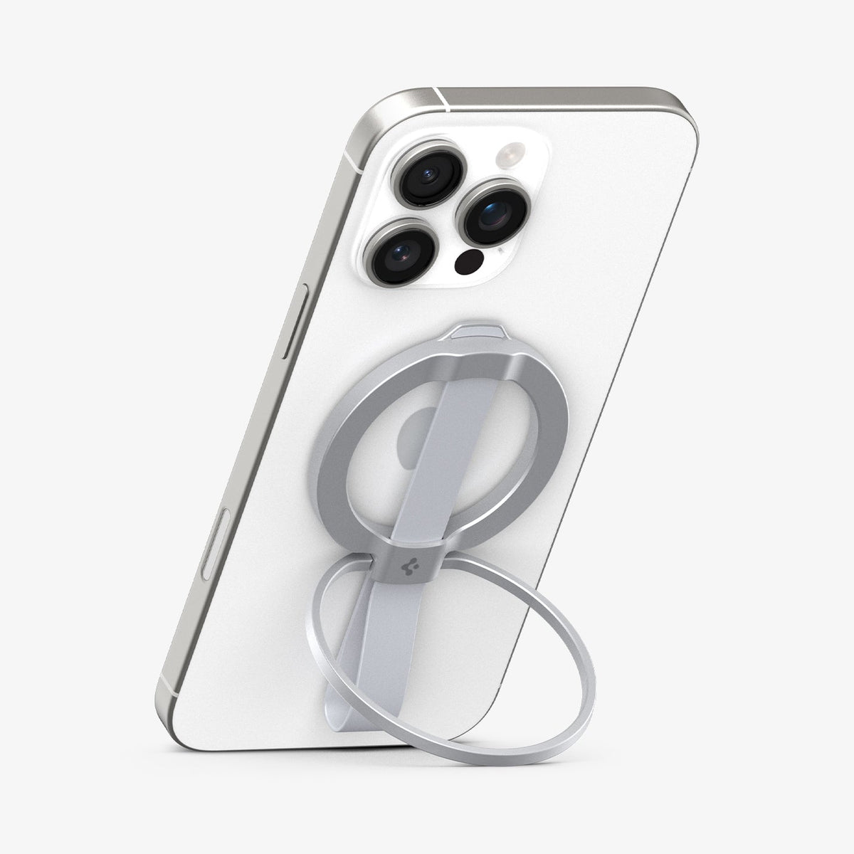 AMP10193 - O-Mag Magnetic Phone Holder (MagFit) | OM103 in Silver showing the front, attached to the back of the device propped up as a kickstand