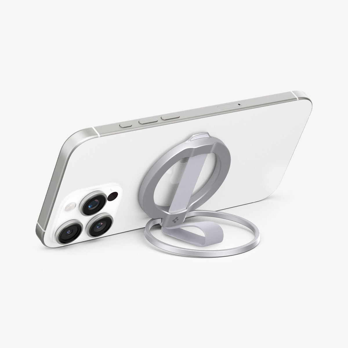 AMP10193 - O-Mag Magnetic Phone Holder (MagFit) | OM103 in Silver showing the front, attached to the device propped up as a kickstand in landscape position