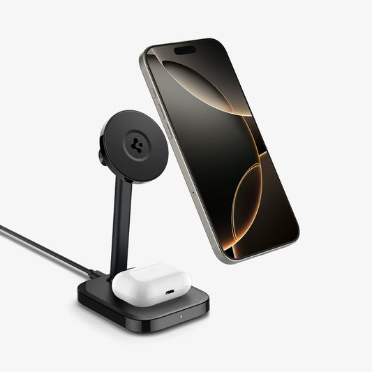 ACH08937 - ArcField™ Magnetic Wireless Charger Stand | PF2402 (MagFit) in Black showing the front with the device hovering in front and charging AirPods