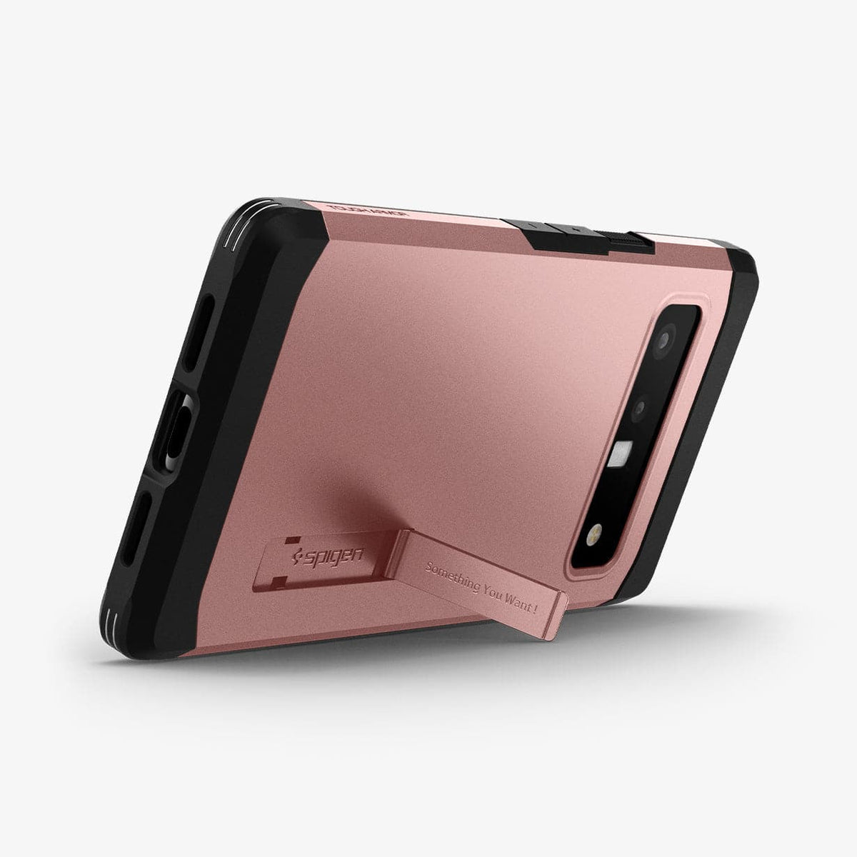 ACS03463 - Pixel 6 Pro Case Tough Armor in rose gold showing the back and bottom with device propped up horizontally by built in kickstand