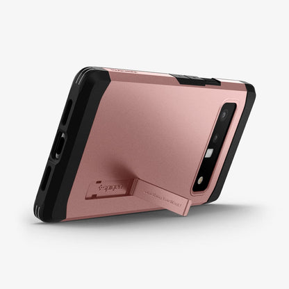 ACS03463 - Pixel 6 Pro Case Tough Armor in rose gold showing the back and bottom with device propped up horizontally by built in kickstand