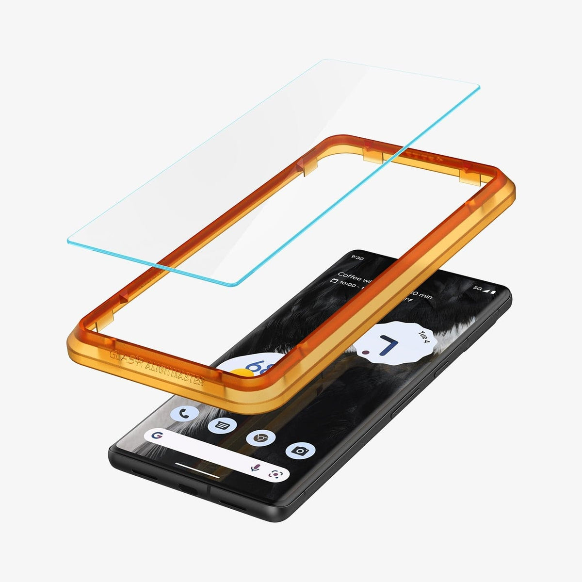 AGL05199 - Pixel 7 Screen Protector AlignMaster GLAS.tR showing the screen protector and alignment tray hovering above the device