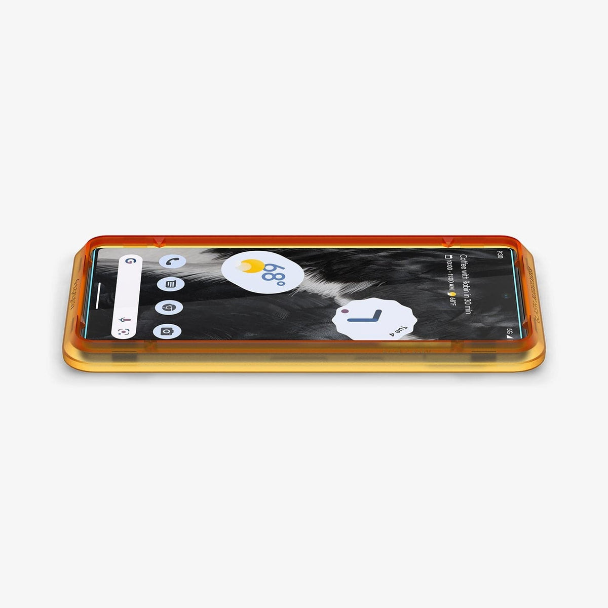 AGL05199 - Pixel 7 Screen Protector AlignMaster GLAS.tR showing the device laying flat and alignment tray installed onto device