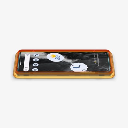 AGL05199 - Pixel 7 Screen Protector AlignMaster GLAS.tR showing the device laying flat and alignment tray installed onto device