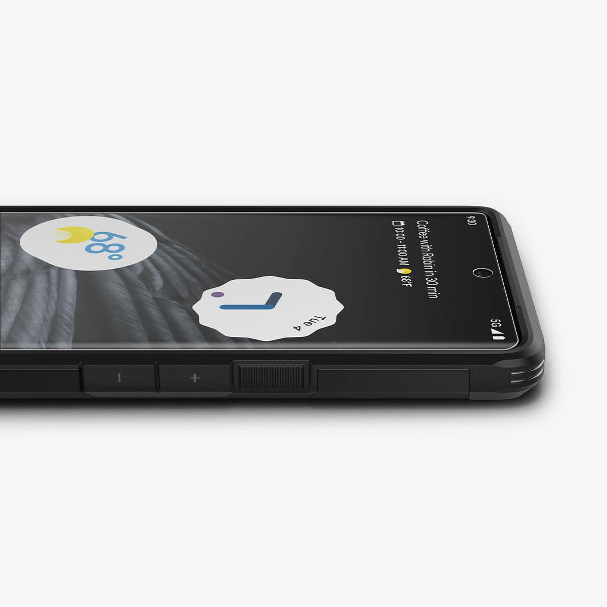 AFL05201 - Pixel 7 Pro Screen Protector Neo Flex showing the side and partial front with device laying flat