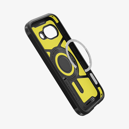 ACS09046 - Pixel 9a Case Tough Armor AI (MagFit) in Black showing the detached metal ring hovering in front of the case showing inner and side