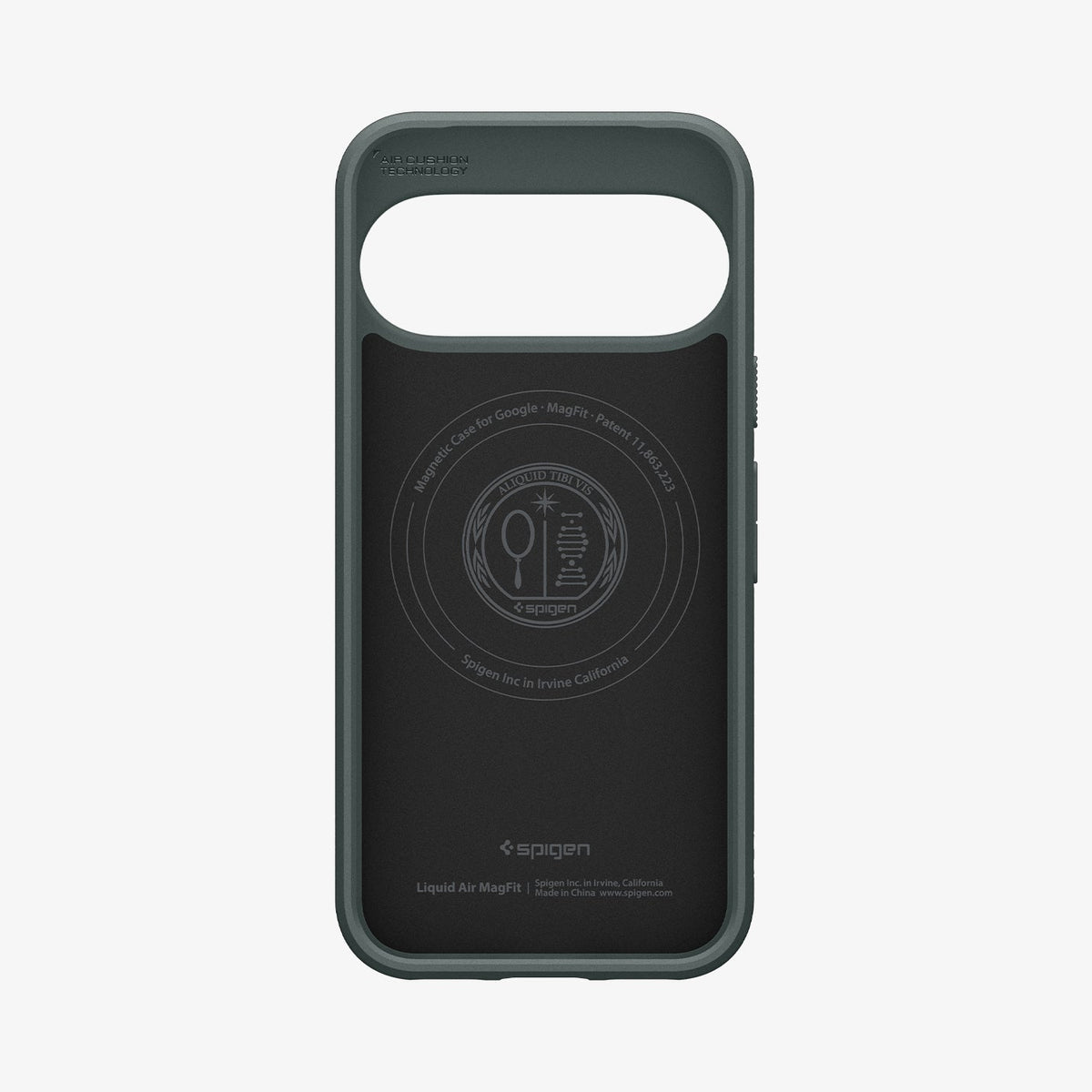 ACS11858 - Pixel 11 Pro Liquid Air (Mag Fit) Abyss Green interior view showing the built in magnetic ring, Air Cushion Technology, and Liquid Air MagFit branding.