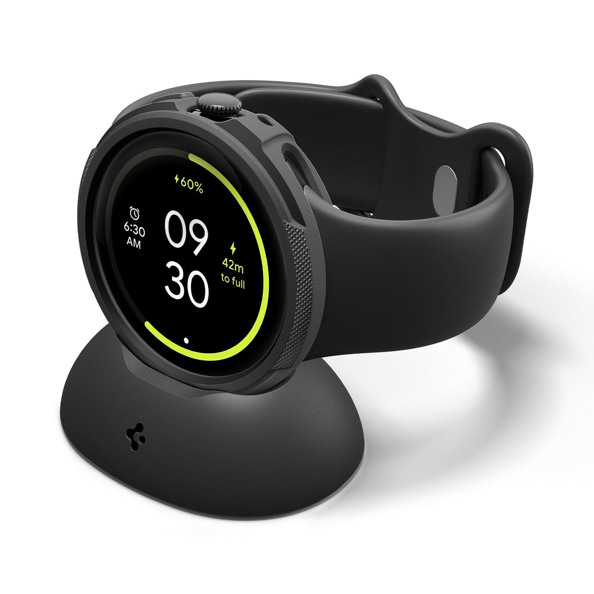 ACS09483 - Pixel Watch 4 (41mm) Case Liquid Air in black showing the front and side with watch on charger stand