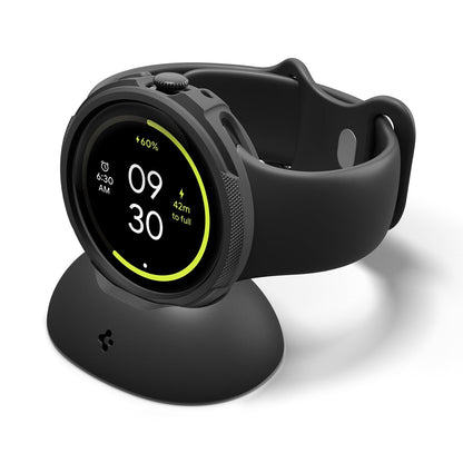 ACS09483 - Pixel Watch 4 (41mm) Case Liquid Air in black showing the front and side with watch on charger stand