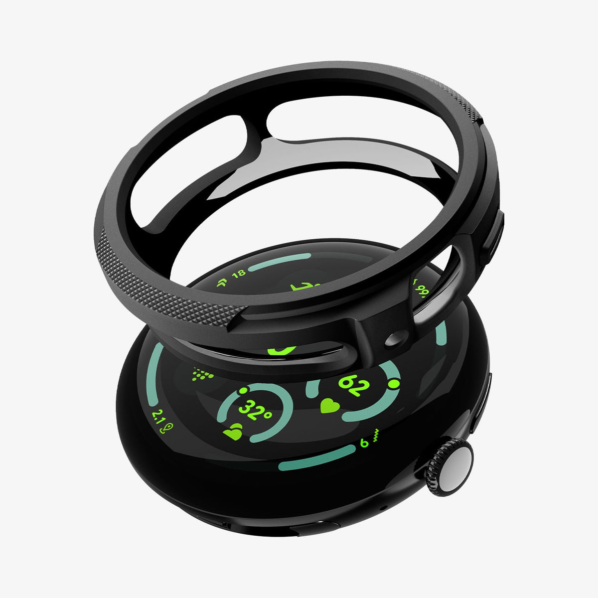 ACS11222 - Pixel Watch 4 (45mm) Case Liquid Air in black showing the case hovering above the watch face