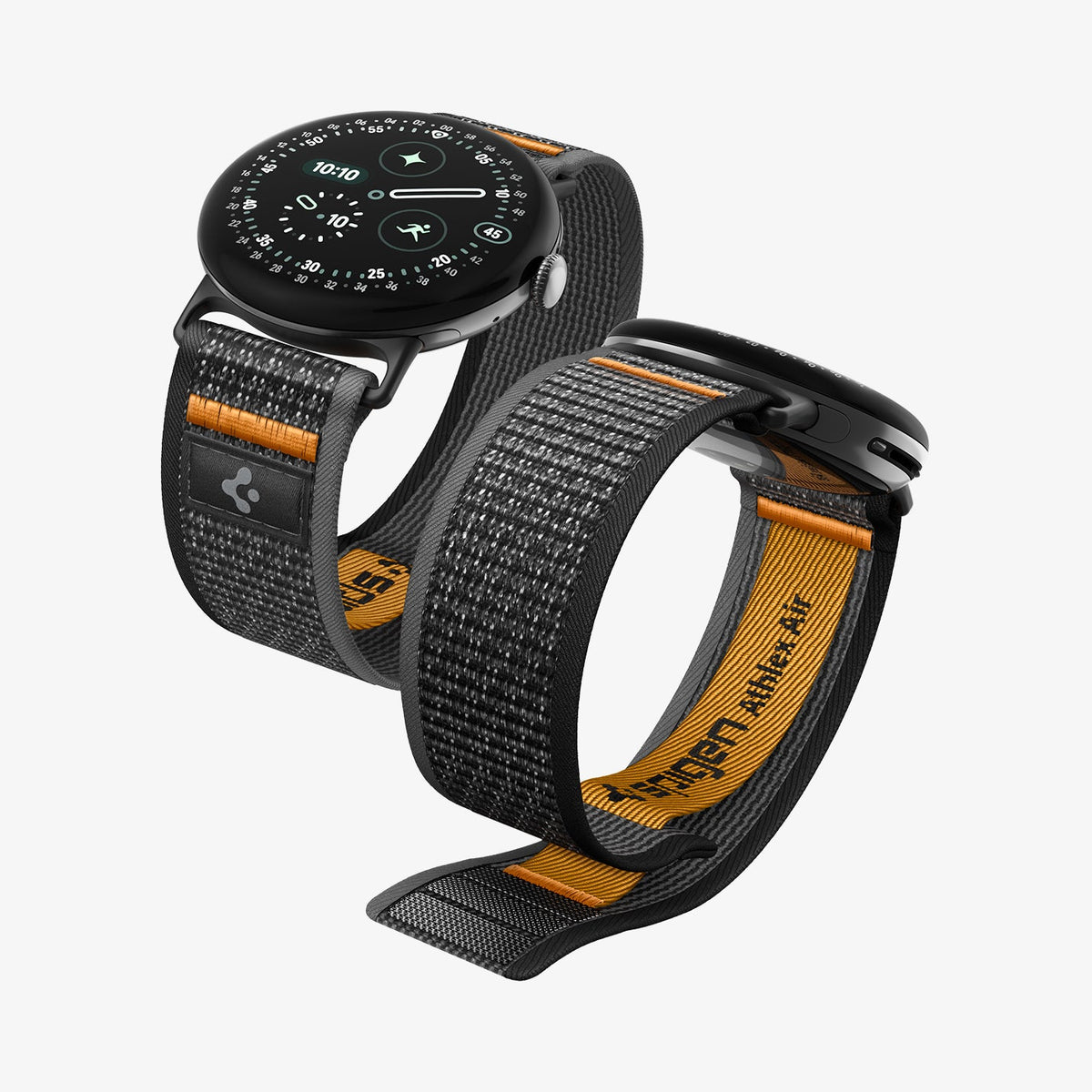 AMP11751 - Pixel Watch 5 (41mm) Athlex Air Active Black Orange angled views showcasing the lightweight woven construction and flexible fit.