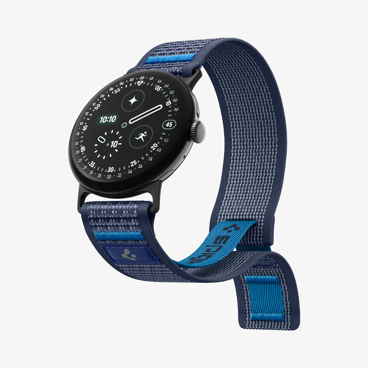 AMP11748 - Pixel Watch 5 (45mm) Athlex Air Active Navy Blue three-quarter view highlighting the seamless fit and premium woven texture.