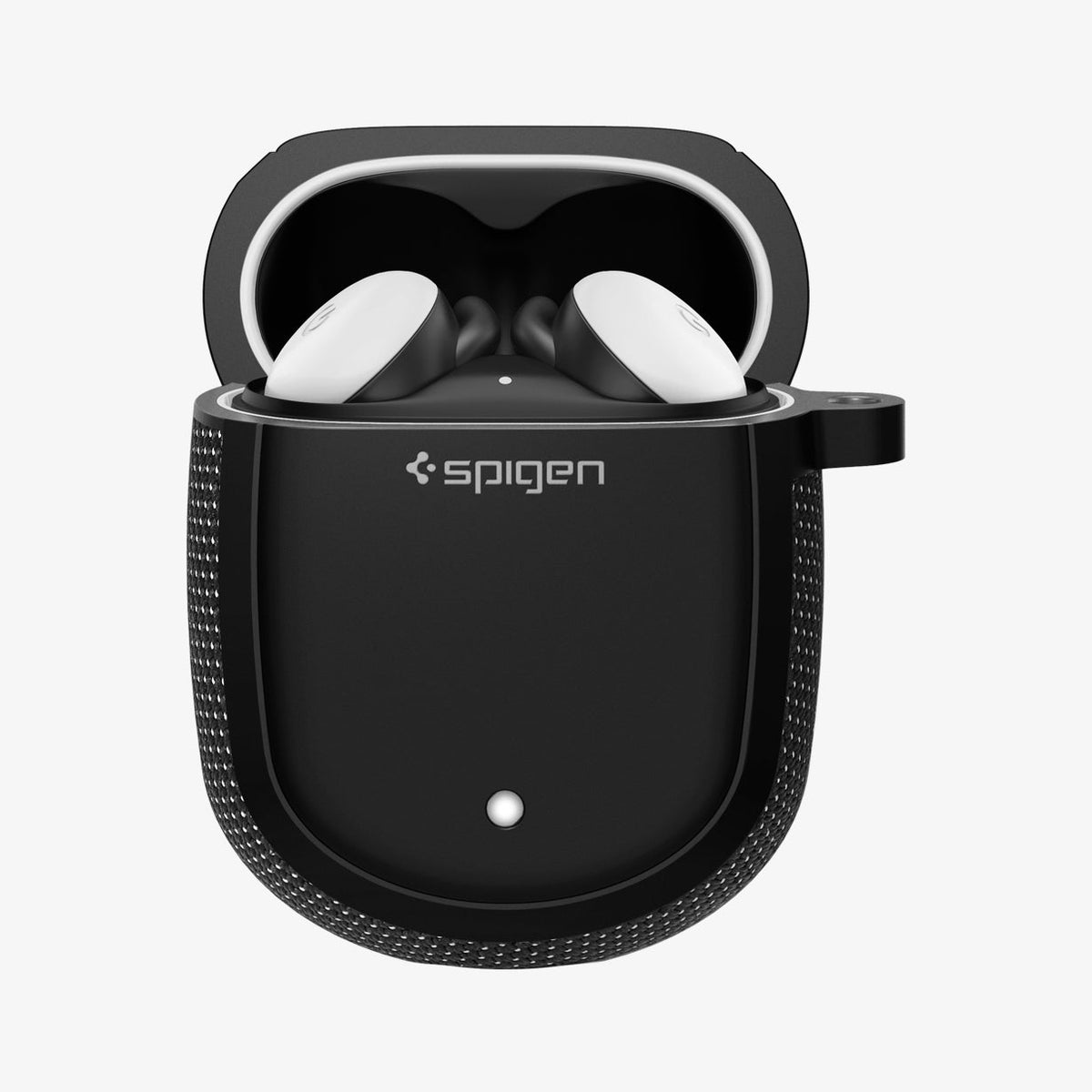 ASD01310 - Pixel Buds 2 Series Case Classic Fit in black showing the front with top open and pixel buds inside