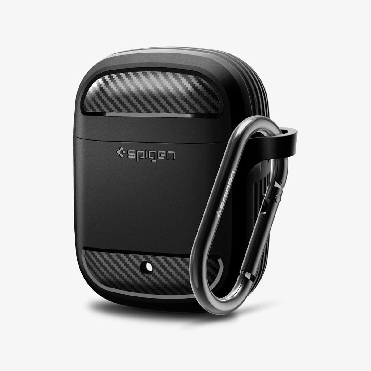ASD01344 - Pixel Buds 2 Case Rugged Armor in black showing the front and side with carabiner