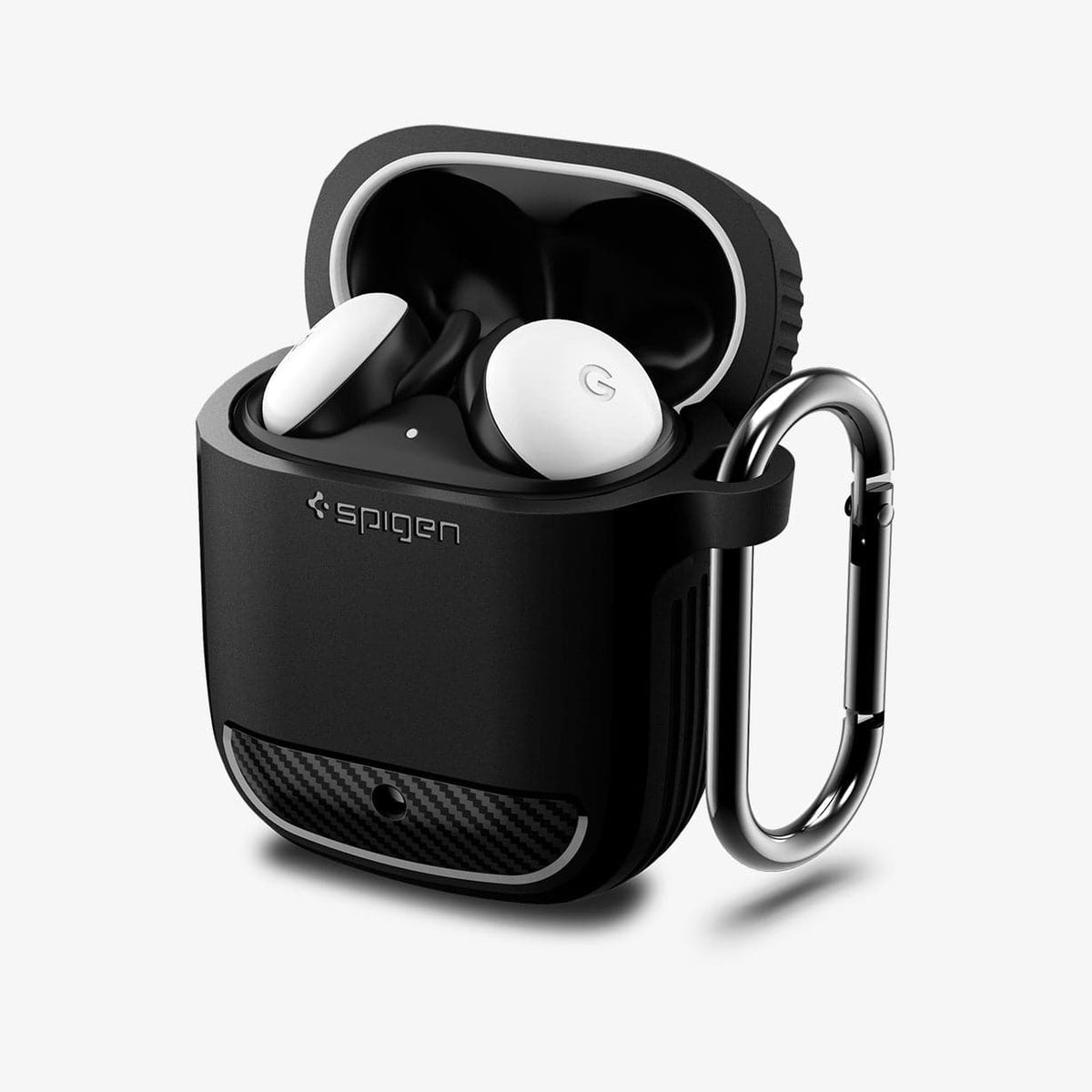 ASD01344 - Pixel Buds 2 Case Rugged Armor in black showing the front and side with carabiner and case open