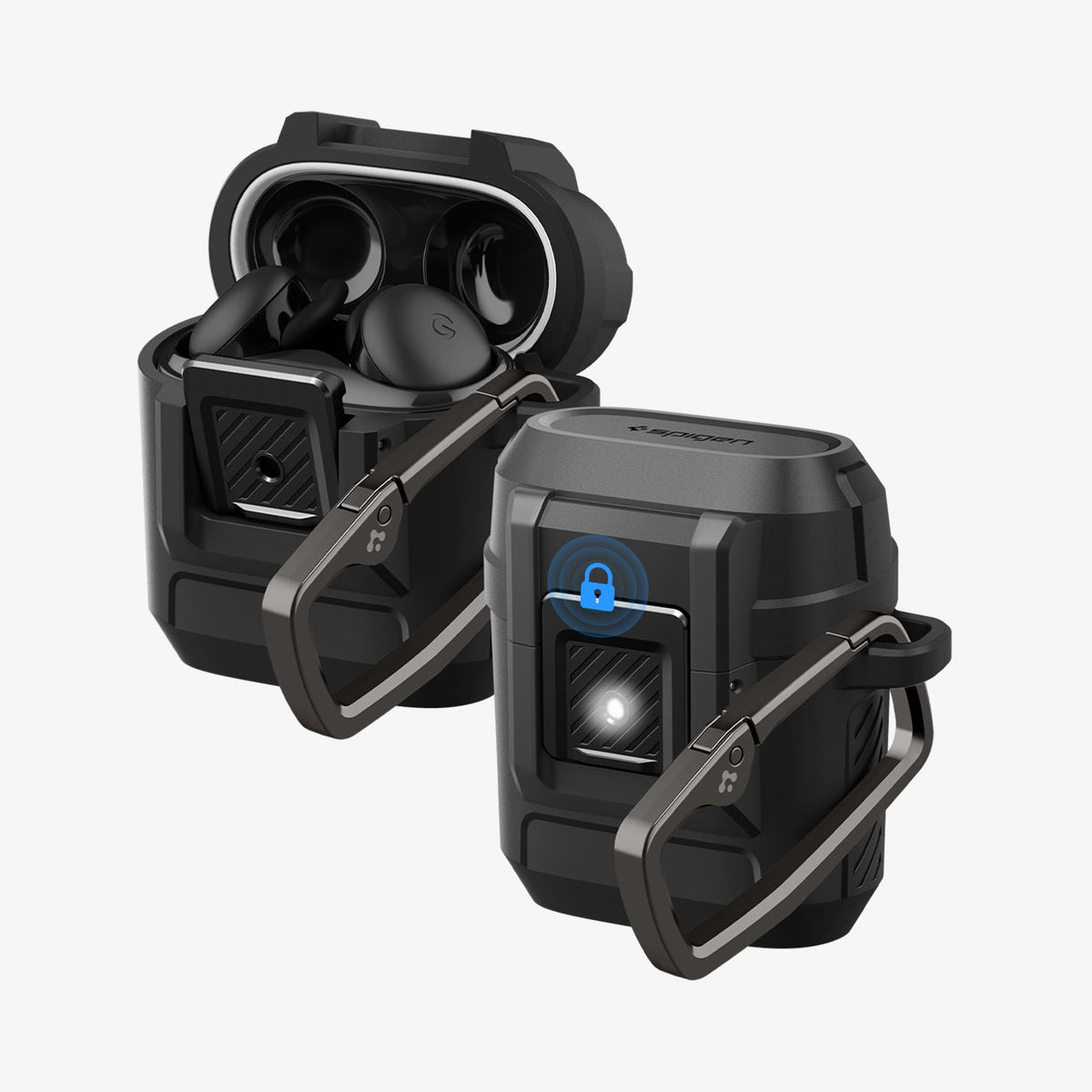ACS09481 - Pixel Buds 2a Case Lock Fit in black showing the front and side for multiple earbuds with one top open