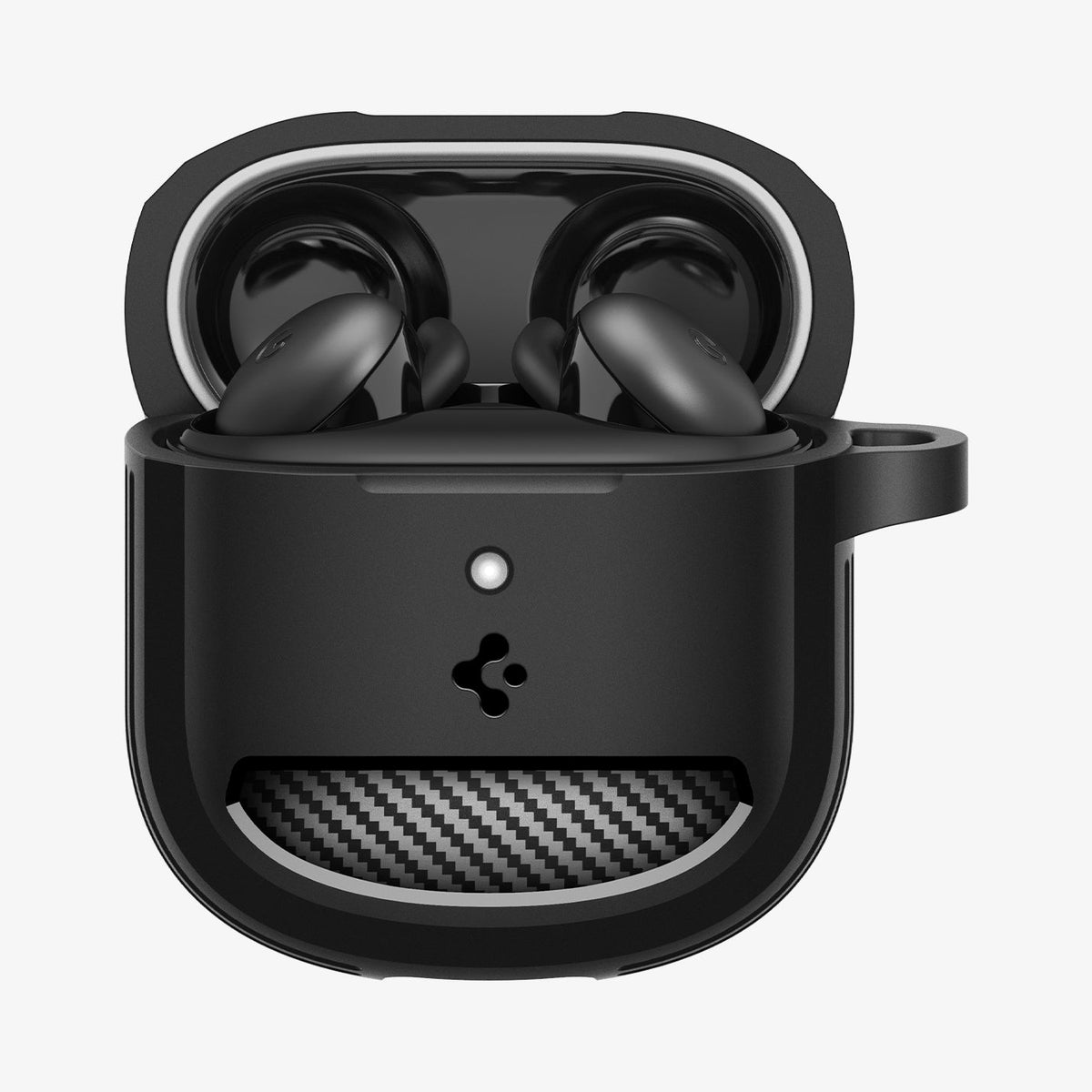 ACS09480 - Pixel Buds 2a Case Rugged Armor in black showing the front with top open