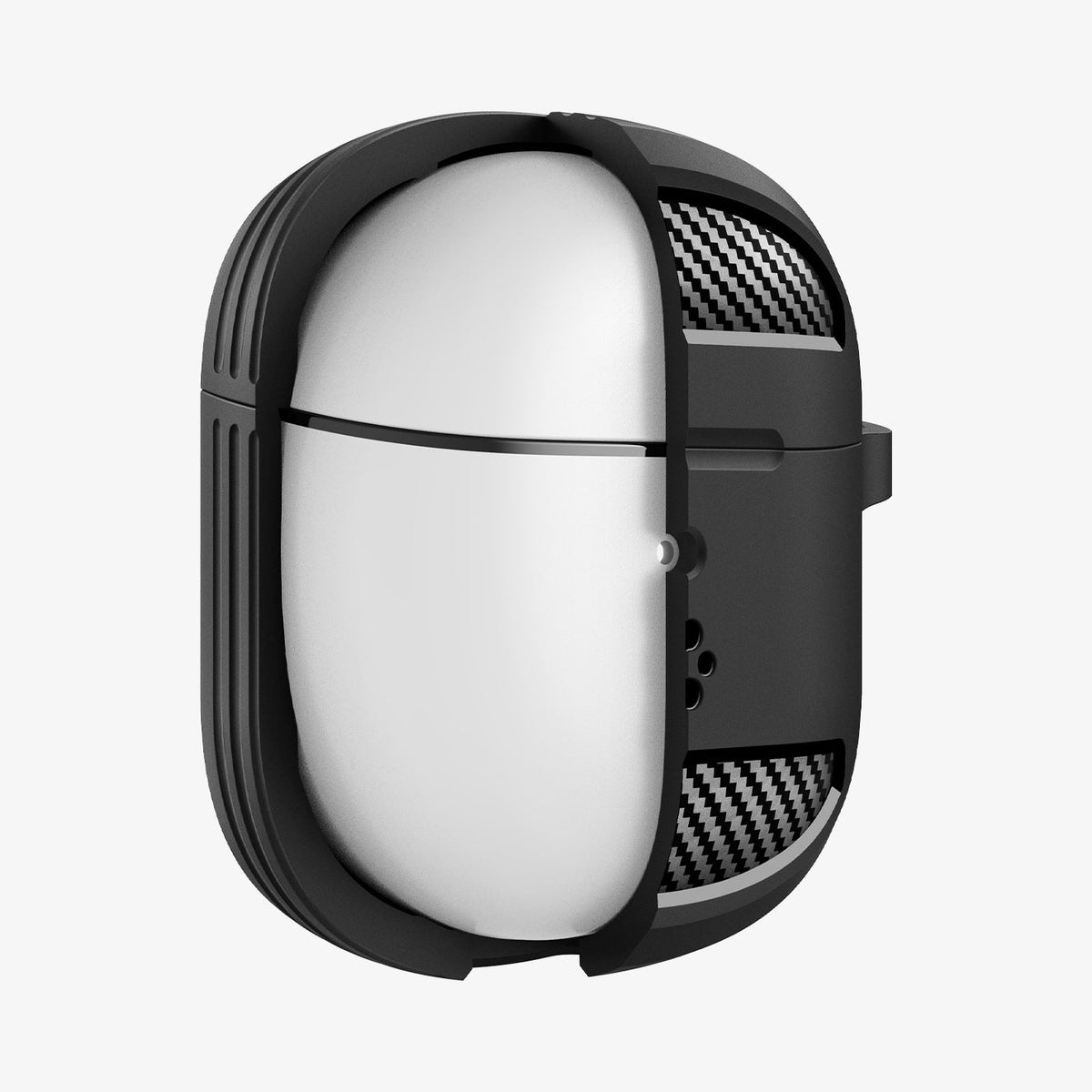 ACS09480 - Pixel Buds 2a Case Rugged Armor in black showing the front with case cut half open to show inside