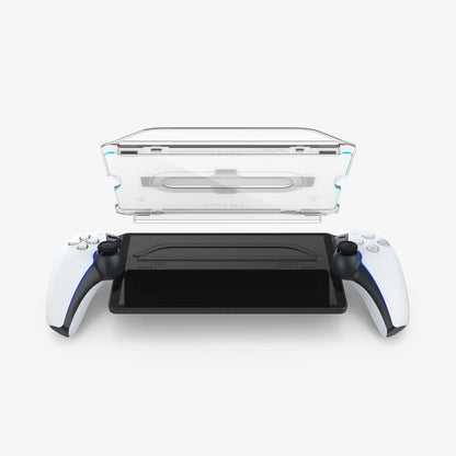 AGL07183 - Playstation Series GLAS.tR EZ Fit showing the installation tray angled back, partial side and facing the device angled front, partial side