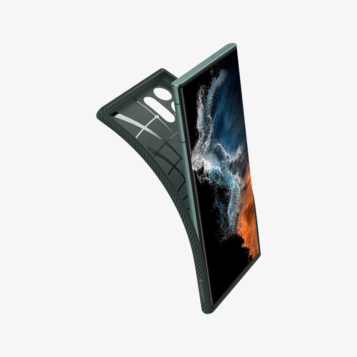 ACS04518 - Galaxy S22 Ultra 5G Case Liquid Air in abyss green showing the case bending away from device to show the flexibility