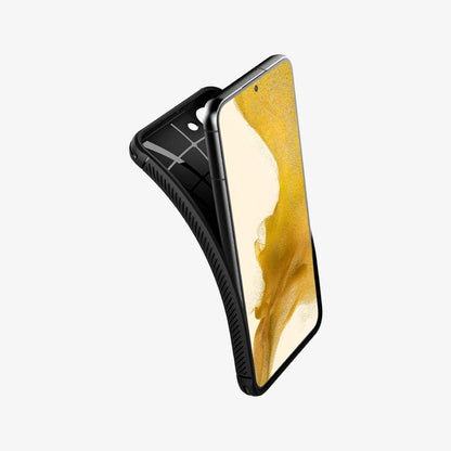 ACS03952 - Galaxy S22 Plus 5G Case Rugged Armor in black showing the case bending away from device to show the flexibility