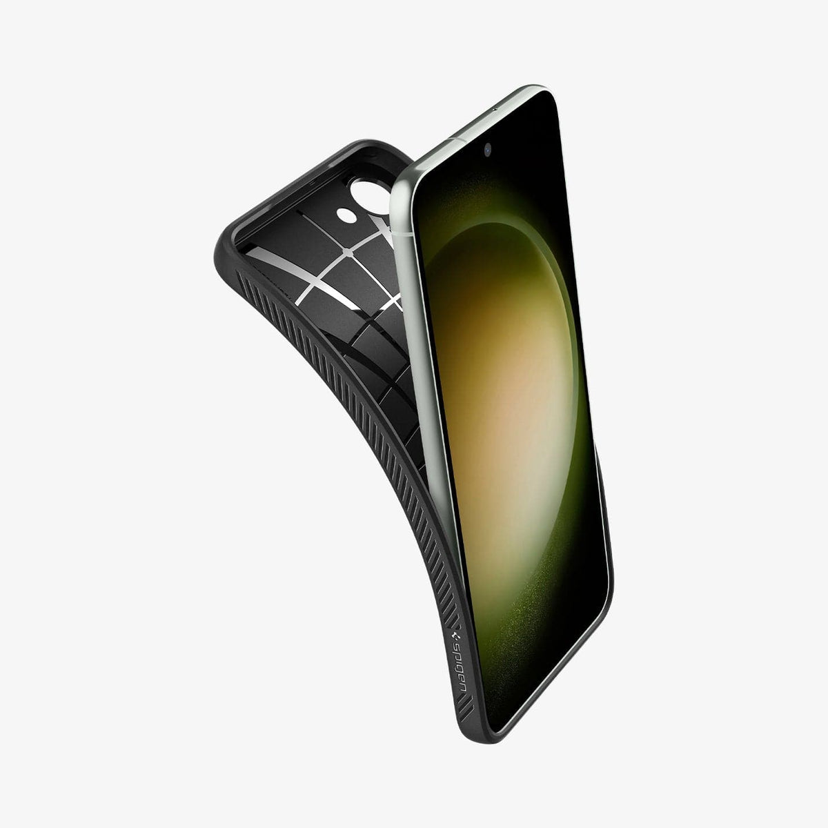 ACS05666 - Galaxy S23 Plus Case Liquid Air in matte black showing the case bending away from device to show the flexibility