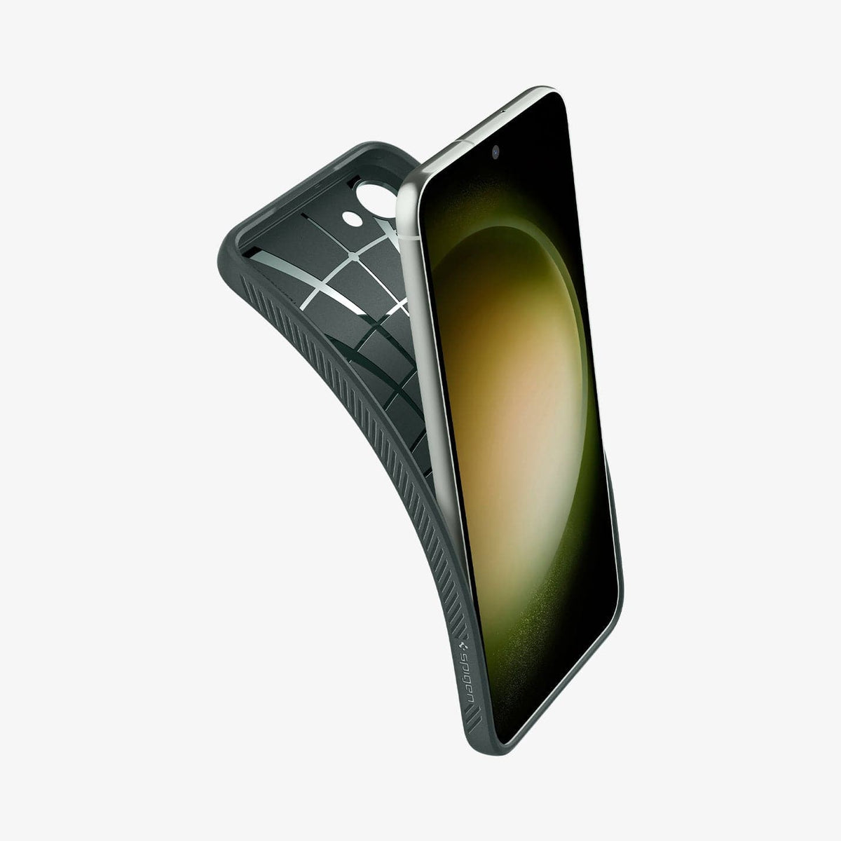 ACS05667 - Galaxy S23 Plus Case Liquid Air in abyss green showing the case bending away from device to show the flexibility