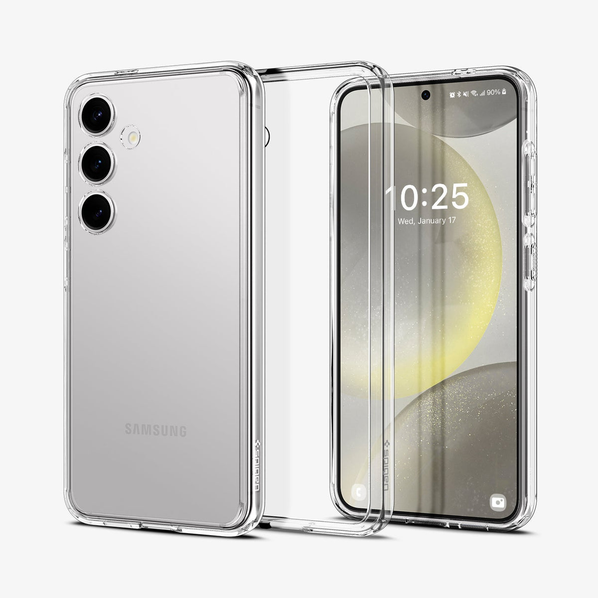 ACS07349 - Galaxy S24 Case Ultra Hybrid in Crystal Clear showing the back paralleled to a clear back case in the middle and a device facing front