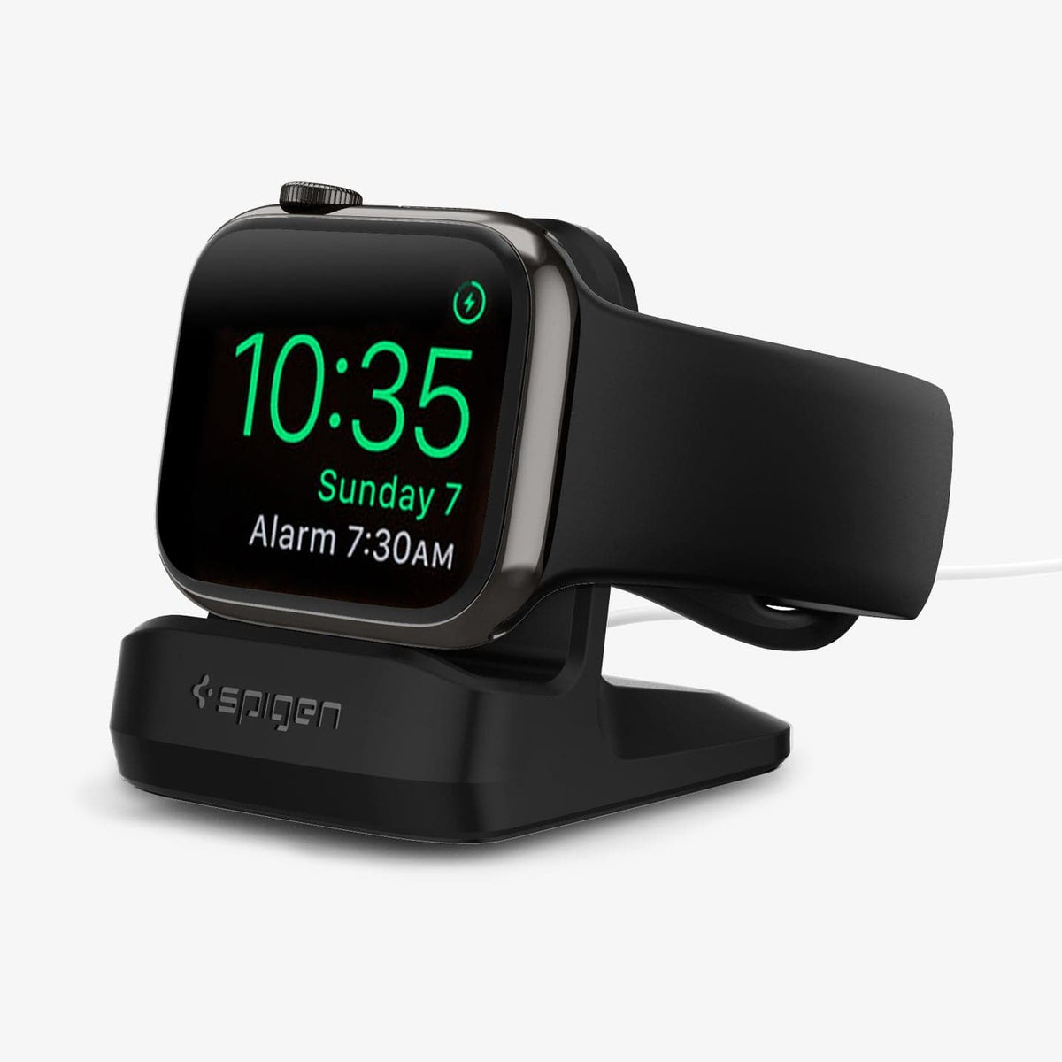 SGP11584 - Apple Watch Night Stand S350 in black showing the front and side with watch on stand
