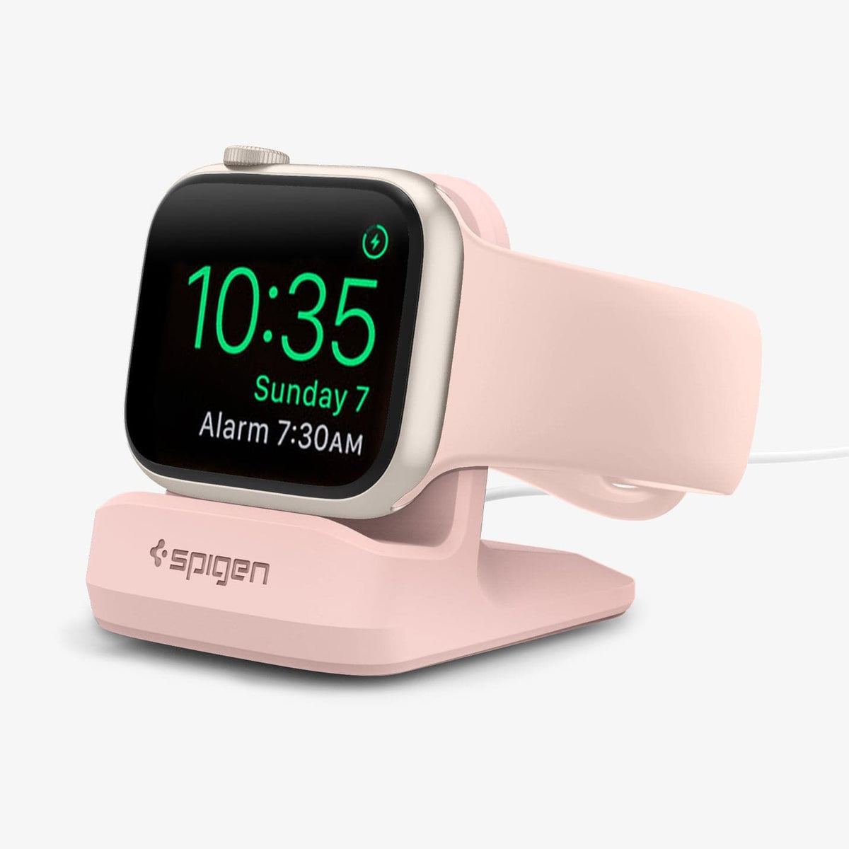 000CD21183 - Apple Watch Night Stand S350 in pink showing the front and side with watch on stand