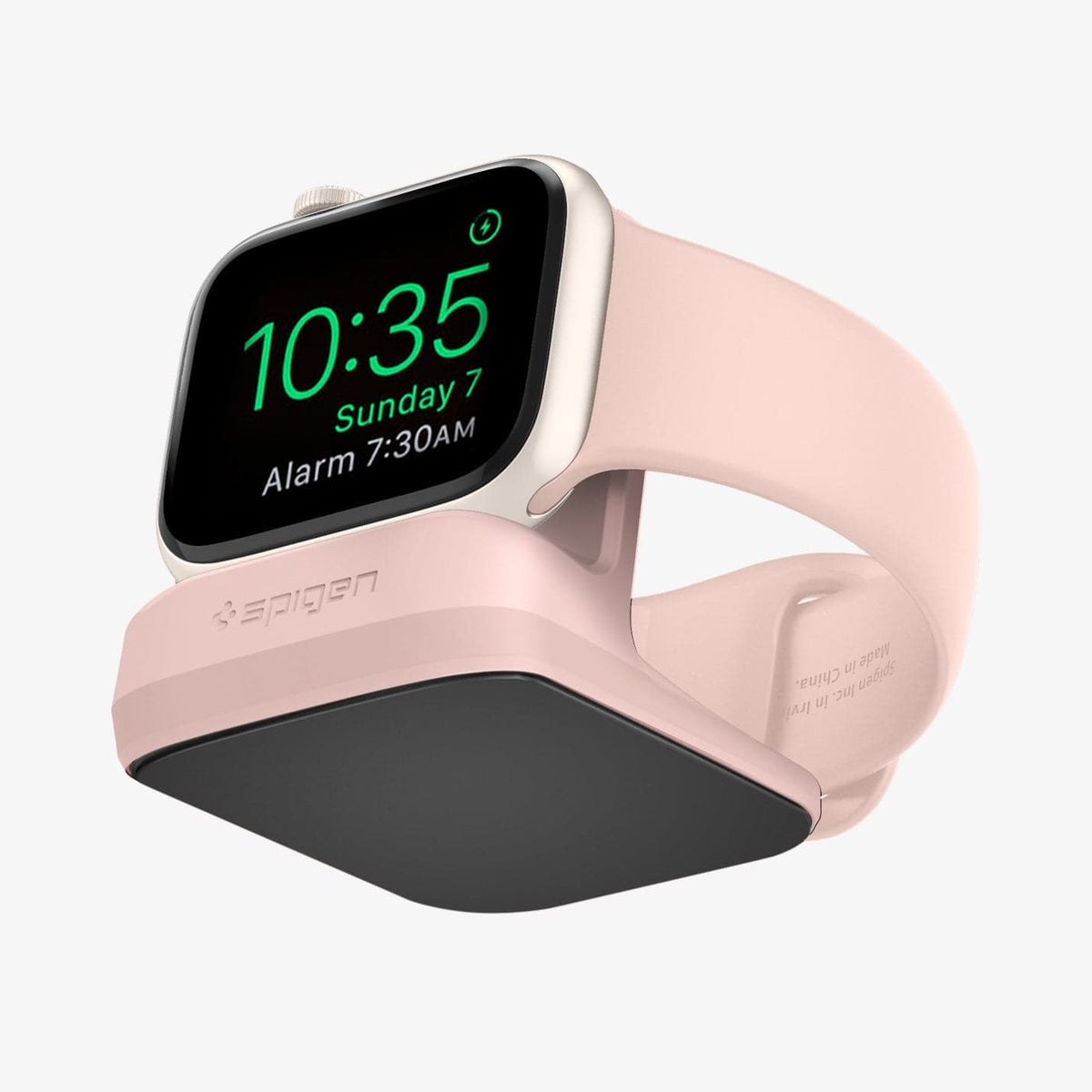 000CD21183 - Apple Watch Night Stand S350 in pink showing the front and bottom with watch on stand