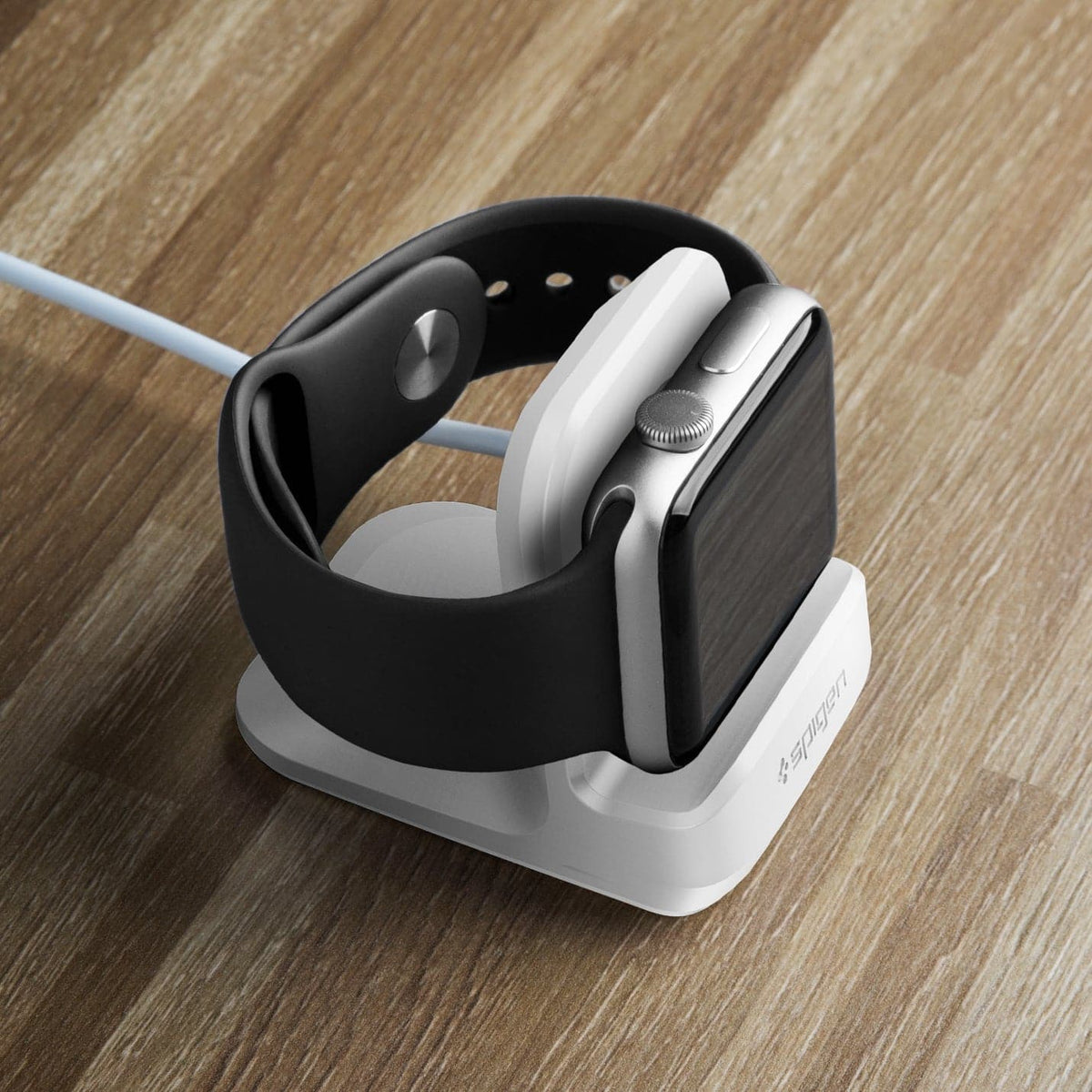 000CD21181 - Apple Watch Night Stand S350 in white showing the top and front with watch on stand on a desk