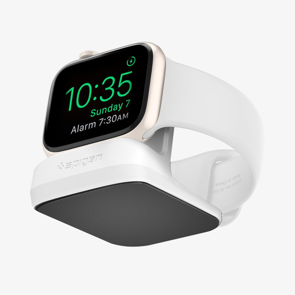 000CD21181 - Apple Watch Night Stand S350 in white showing the front and bottom with watch on stand