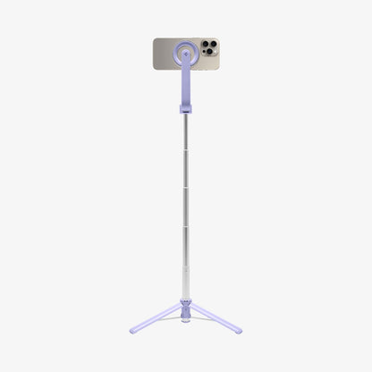 AMP07658 - Tripod Selfie Stick (Mag Fit) | S571W in Lavender showing the front of the device, attached to a selfie stick, extended with a stand