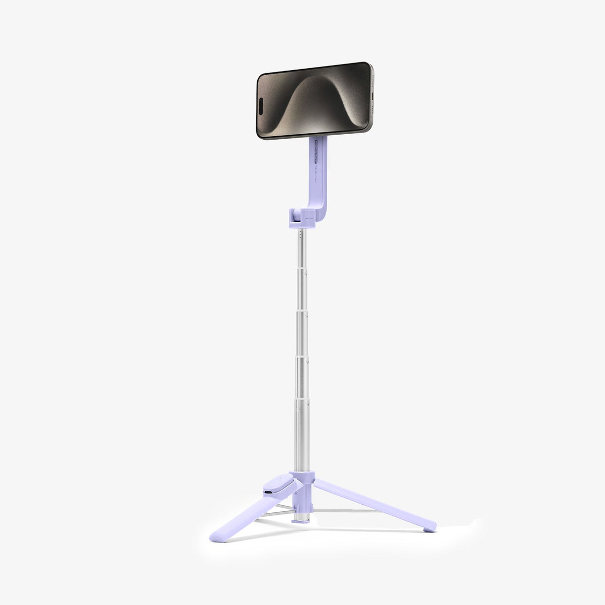 AMP07658 - Tripod Selfie Stick (Mag Fit) | S571W in Lavender showing the front of the device attached to the tripod selfie stick extended with a stand