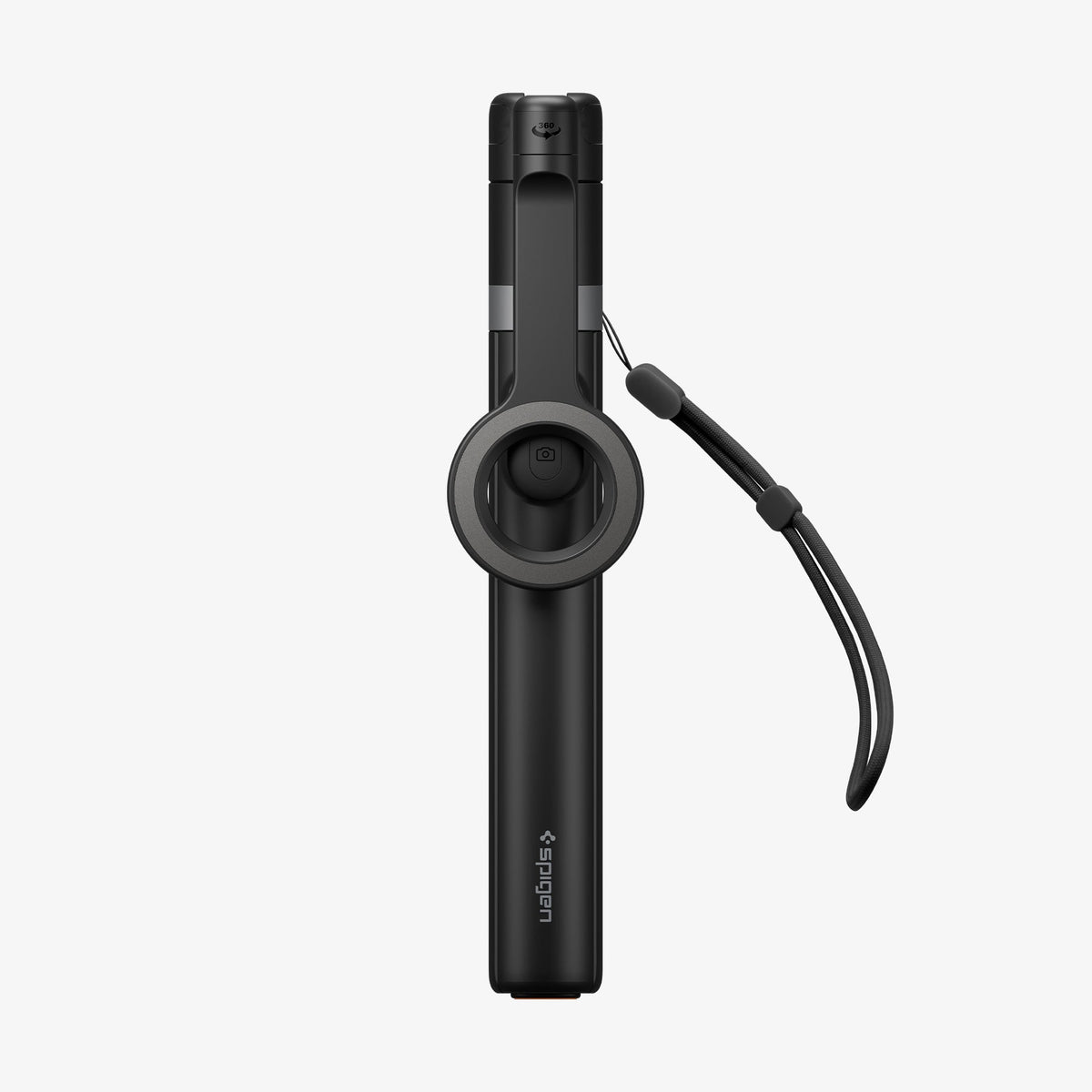 AMP11372 - Selfie Stick | S582W in Black showing a folded compact design with integrated magnetic mount and wrist strap for easy portability.