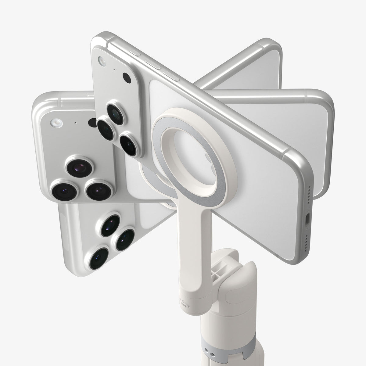 AMP11373 - Selfie Stick | S582W in Dune Beige showing a magnetic phone mount holding multiple smartphones in a radial arrangement to highlight compatibility and secure attachment.