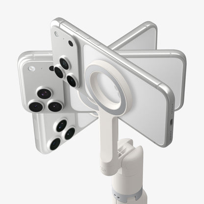 AMP11373 - Selfie Stick | S582W in Dune Beige showing a magnetic phone mount holding multiple smartphones in a radial arrangement to highlight compatibility and secure attachment.