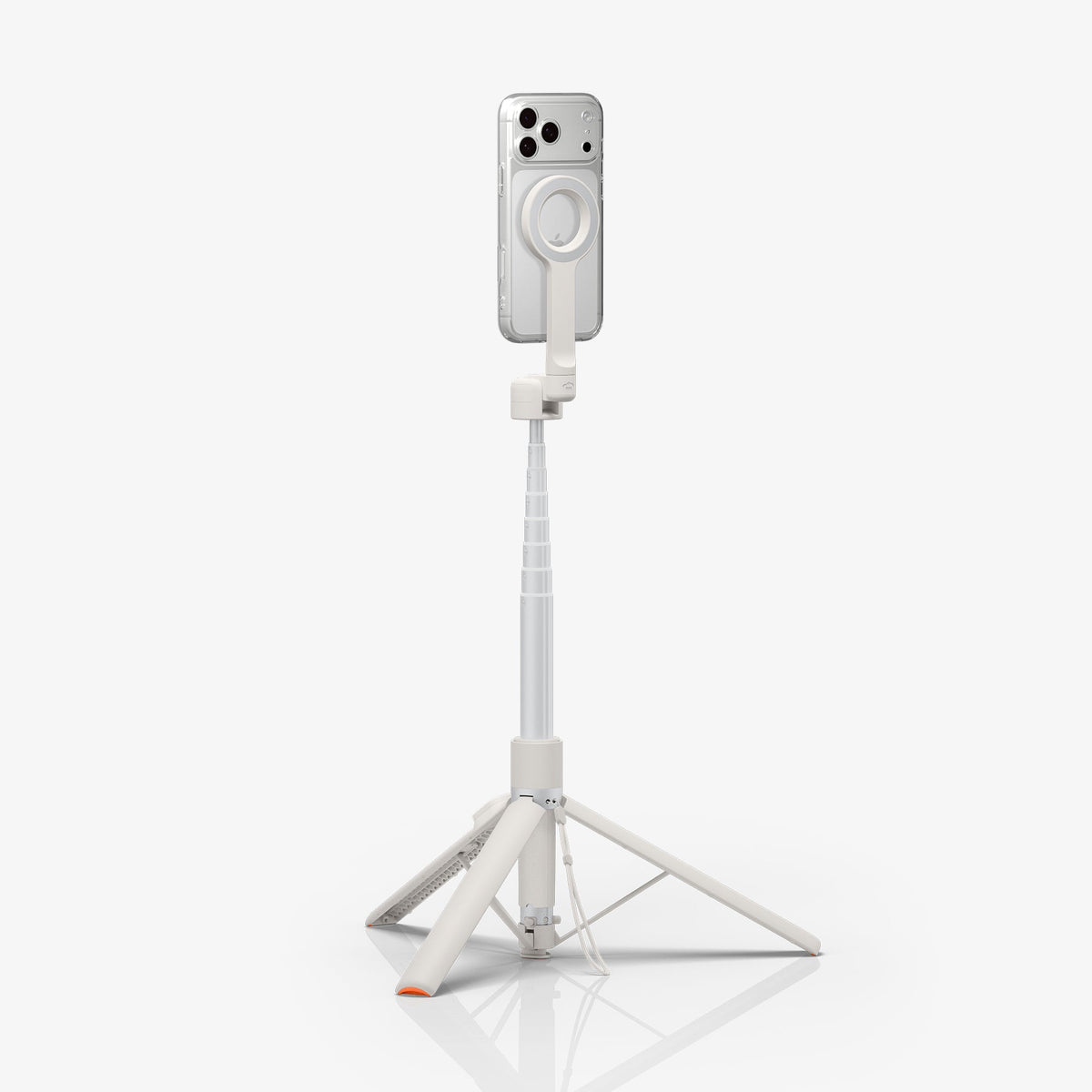 AMP11373 - Selfie Stick | S582W in Dune Beige showing a smartphone mounted on a magnetic holder with a fully extended telescopic pole and deployed tripod stand for hands-free use.