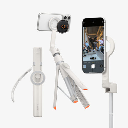 AMP11373 - Selfie Stick | S582W in Dune Beige showing multiple use modes including handheld, tripod, and extended setups with a magnetic phone mount and detachable remote for versatile shooting.