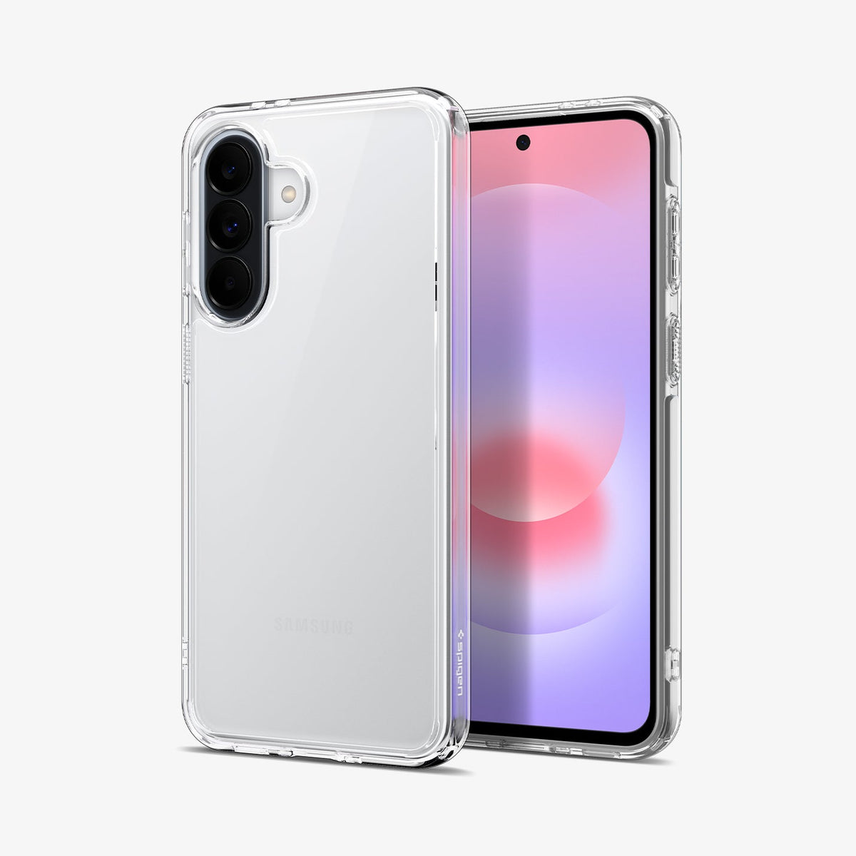 ACS11133 - Spigen Ultra Hybrid Galaxy A37 5G case in Crystal Clear on phone - front and back view showing full color-preserving transparency