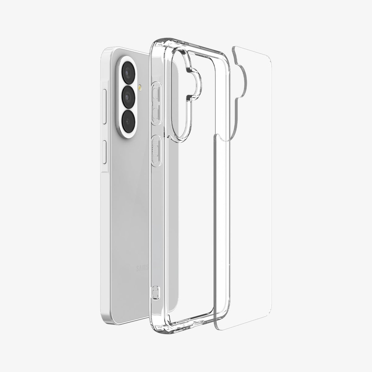 ACS11133 - Spigen Ultra Hybrid Galaxy A37 5G case in Crystal Clear - exploded view showing hard PC back panel and flexible TPU bumper