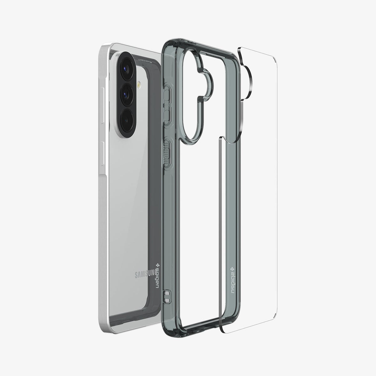 ACS11124 - Spigen Ultra Hybrid Galaxy A57 5G case in Space Crystal - exploded view showing dark tinted TPU bumper and hard PC back panel