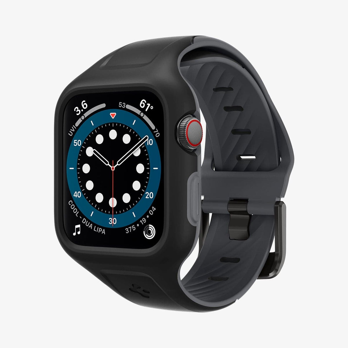 AMP02007 - Apple Watch Series (44mm) Case Liquid Air Pro in black showing the front and partial inside of band
