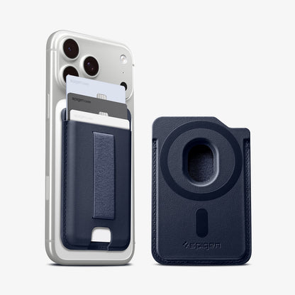 AFA10804 - MagSafe SleekBand Card Holder | 3 Cards (MagFit) in Modern Navy showing back and attach on the phone