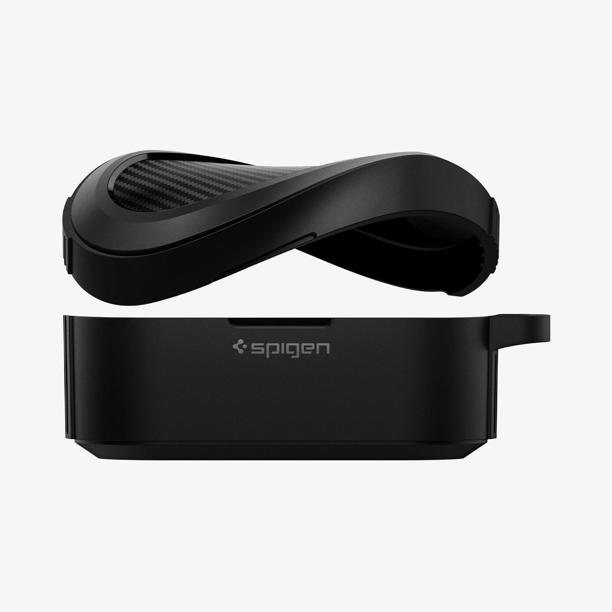 ACS03364 - Sony Earbuds xf100xm4 Case Rugged Armor in black showing the top of case bending and hovering above the bottom of case