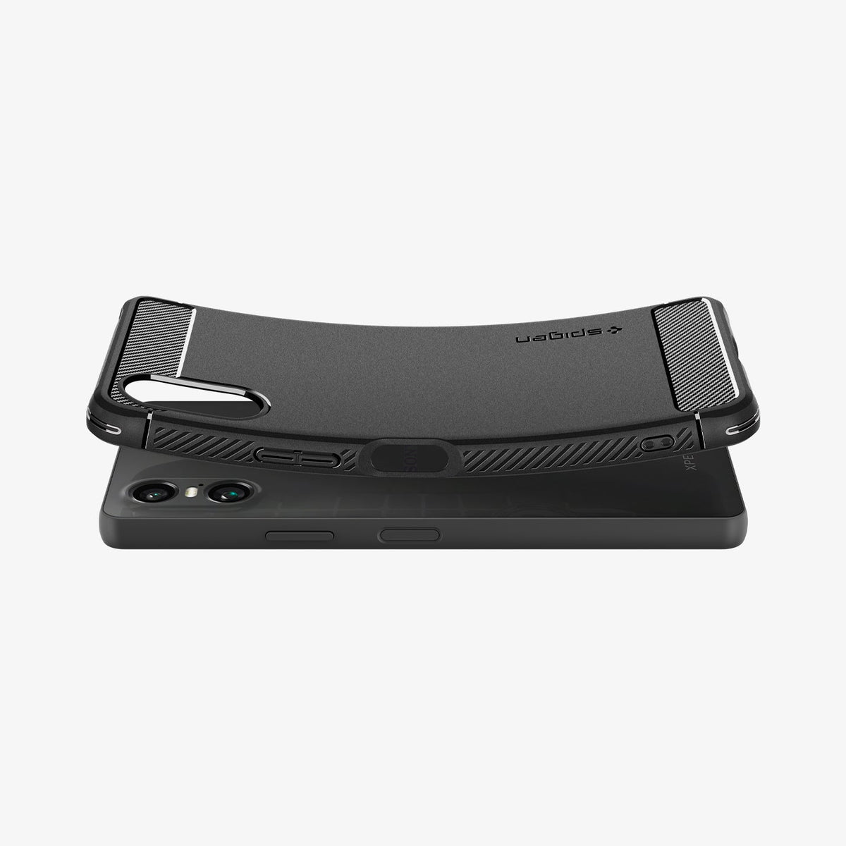ACS08298 - Sony Xperia 10 VI Case Rugged Armor in Matte Black showing the back hovering above the device slightly bent upward