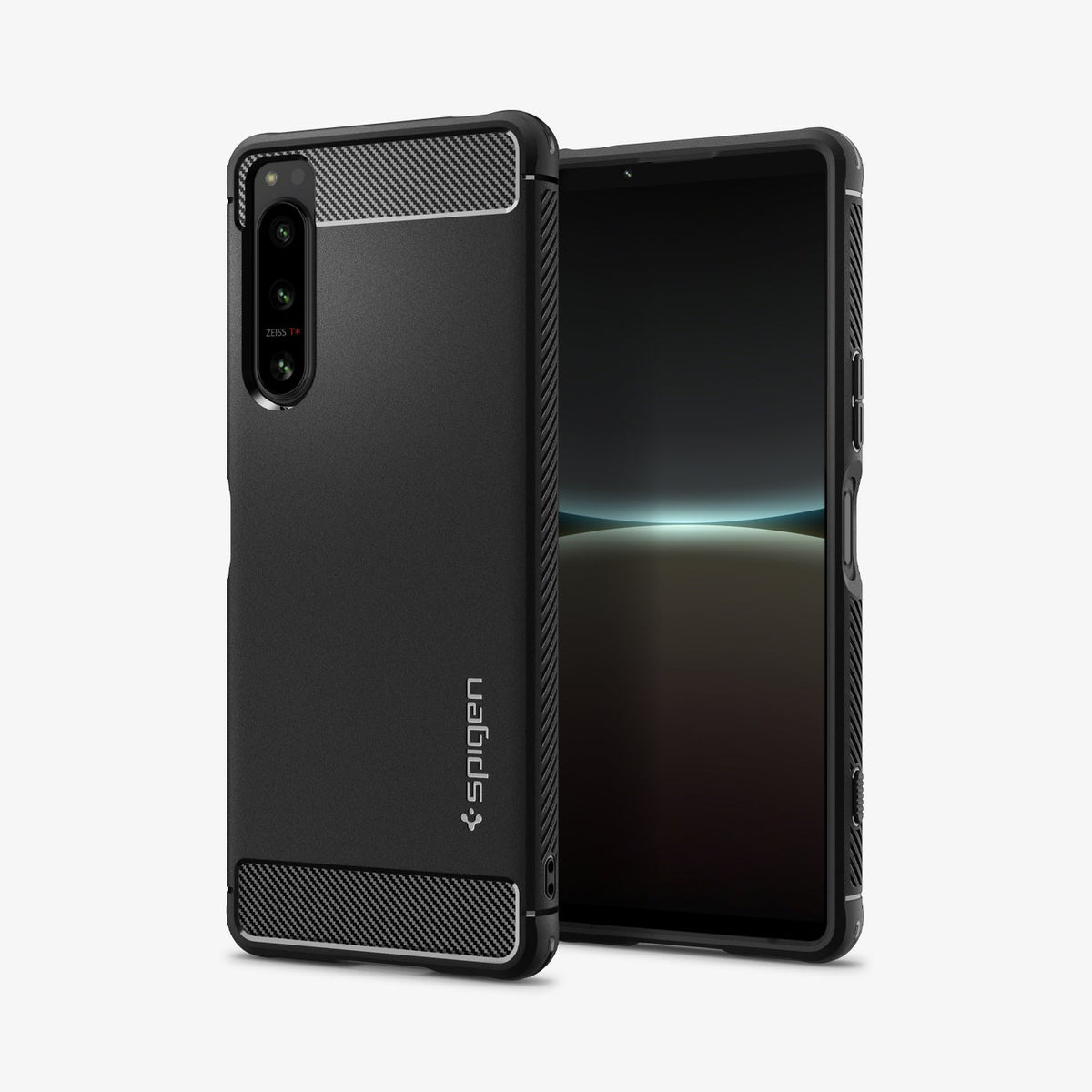 ACS04552 - Sony Xperia 5 IV Case Rugged Armor in matte black showing the back and front
