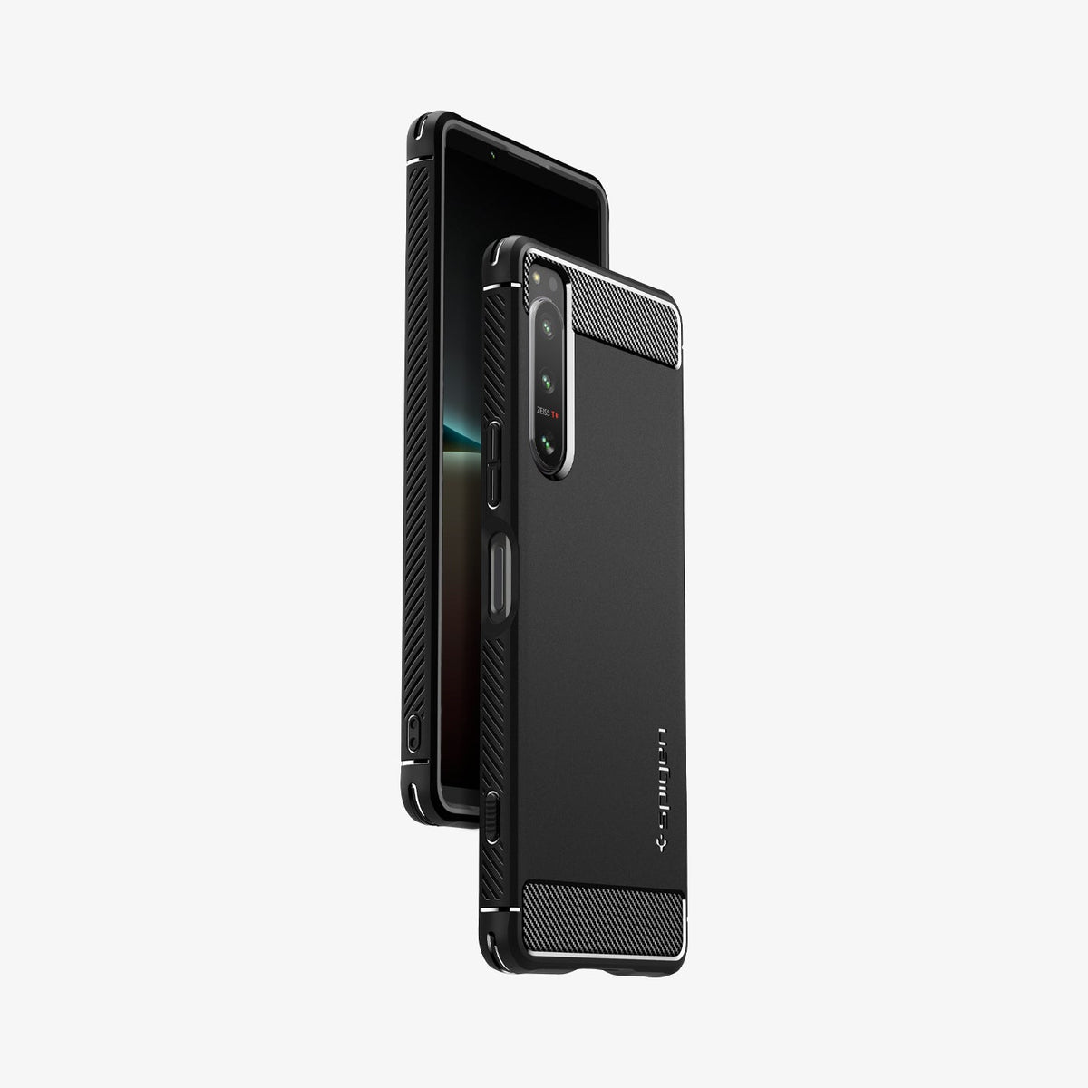 ACS04552 - Sony Xperia 5 IV Case Rugged Armor in matte black showing the sides, partial back and front